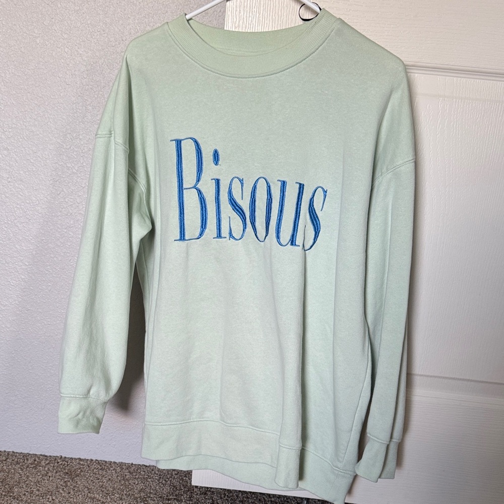 H&M Mint Green Sweatshirt with Blue 'Bisous'